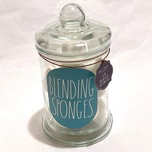 Rae Dunn BLENDING SPONGES 15 Makeup Sponges in Glass Jar White/Teal